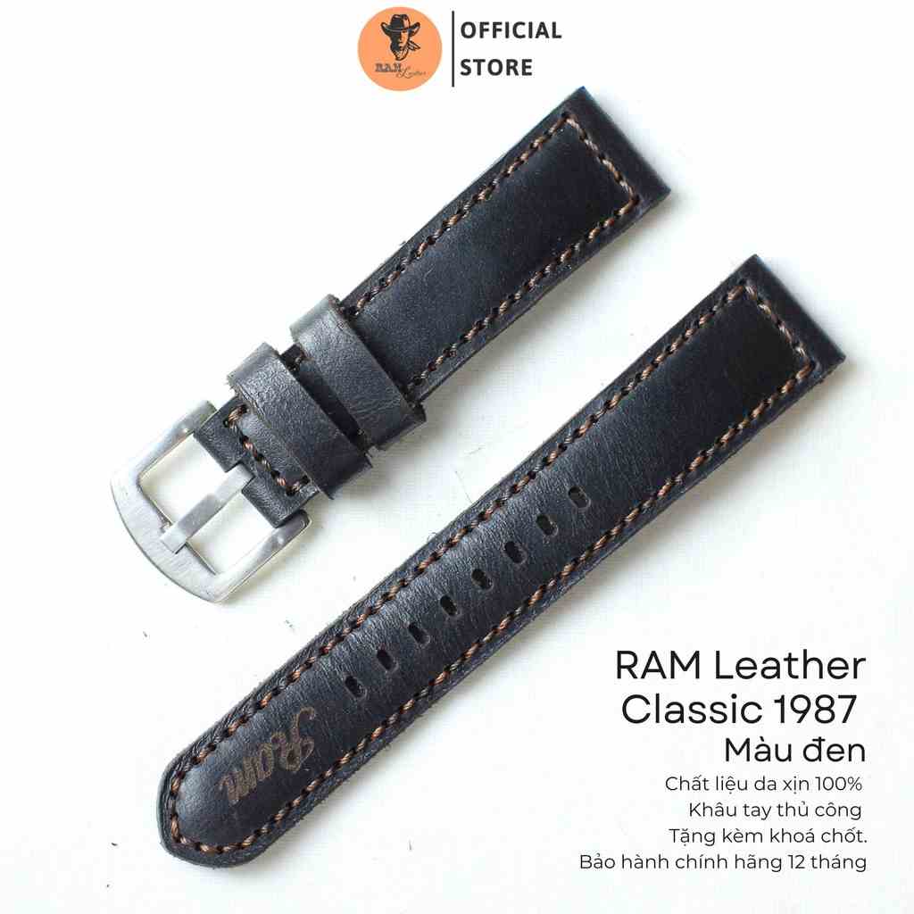 [Mã BMLTB35 giảm đến 35K đơn 99K] Dây Đồng Hồ Da Thật RAM Leather 1987 Black Da Bò Đen Bền Đẹp