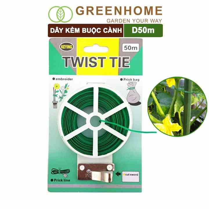 Dây buộc cành dài 50m Greenhome, kẽm bọc nhựa, tích hợp đầu cắt tiện lợi, cố định thân cây, làm giàn