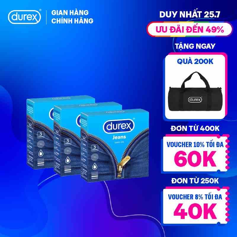 Bộ 3 hộp bao cao su Durex Jeans cơ bản, bôi trơn (size 52.5mm, 3 bao/hộp)