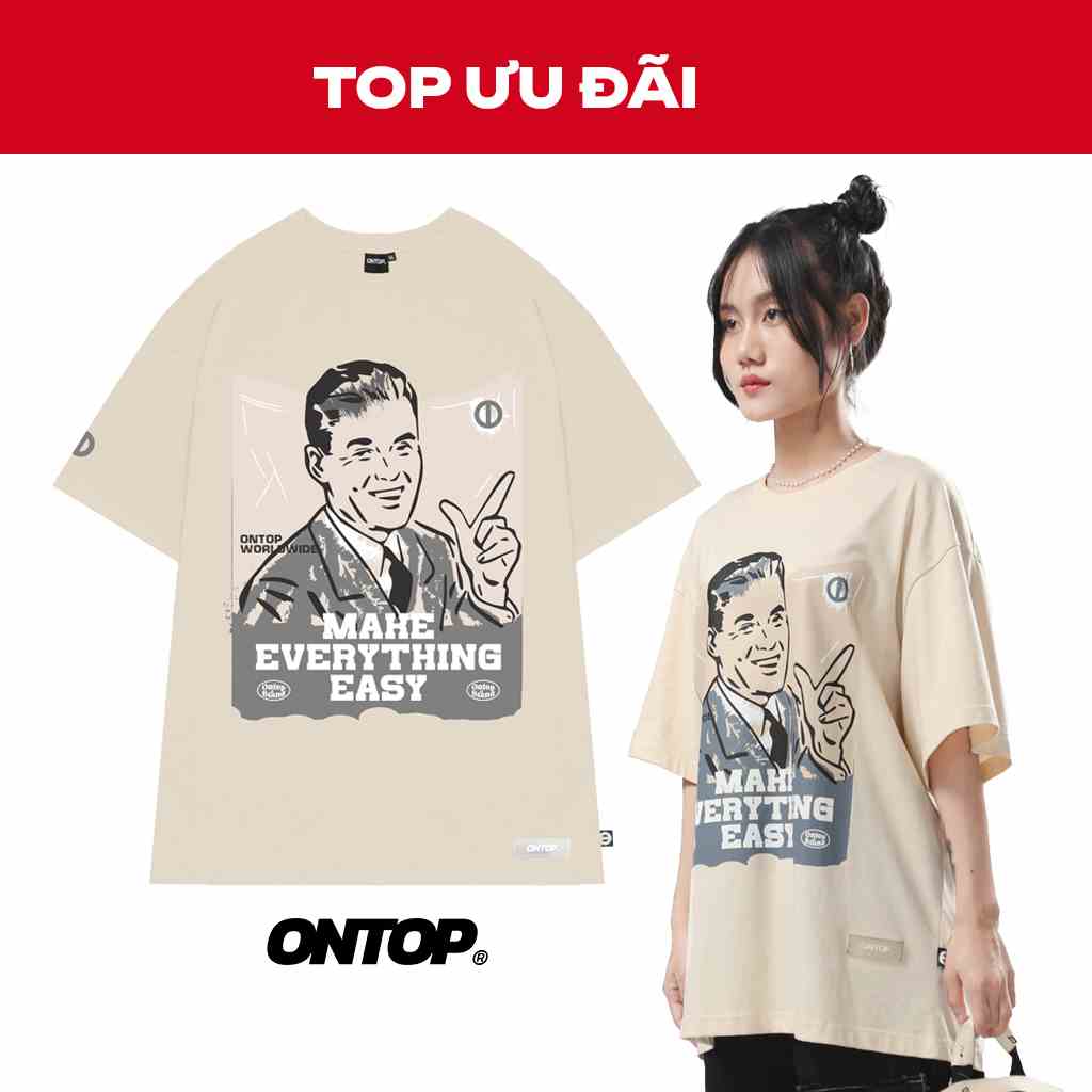 Áo thun local brand chính hãng tay lỡ form rộng nam nữ màu be ONTOP - Note O18-T7