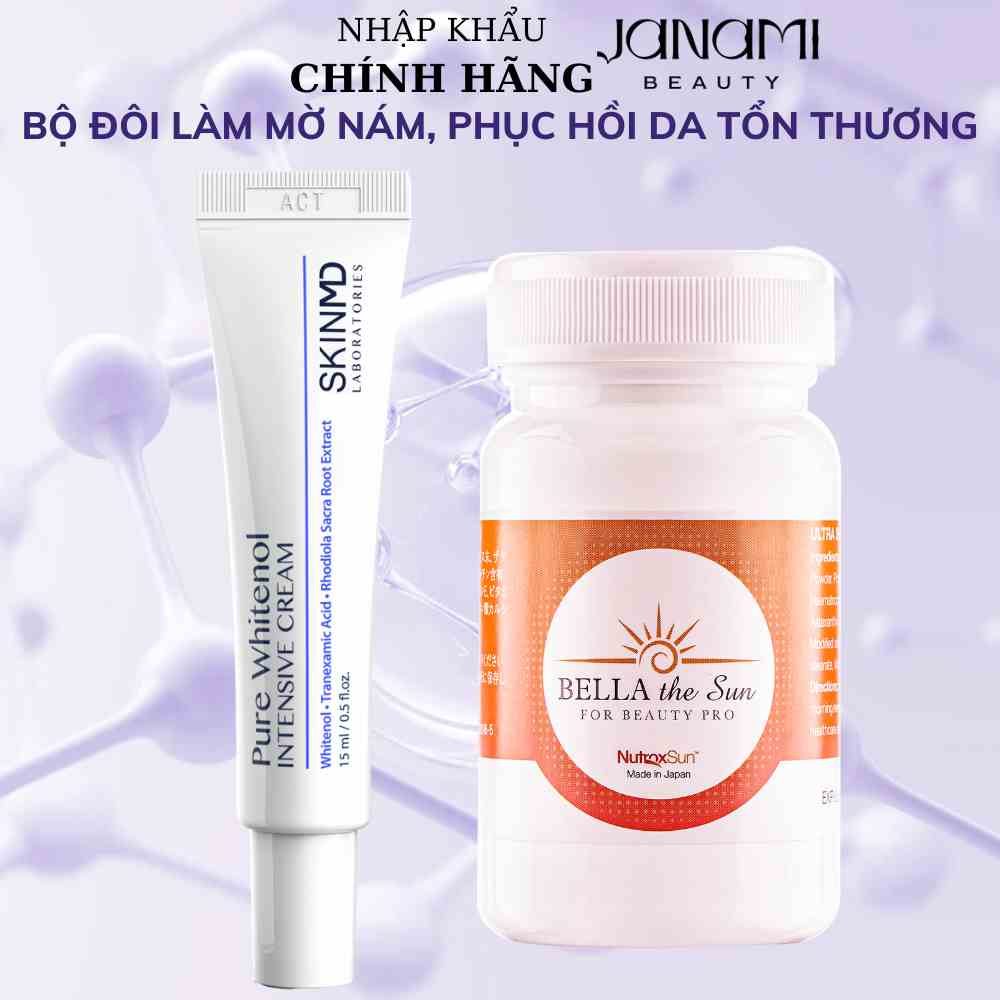 Bộ đôi ngừa thâm nám SkinMD Pure Whitenol Intensive Cream 15 ml và chống nắng nội sinh Bella The Sun 30 viên