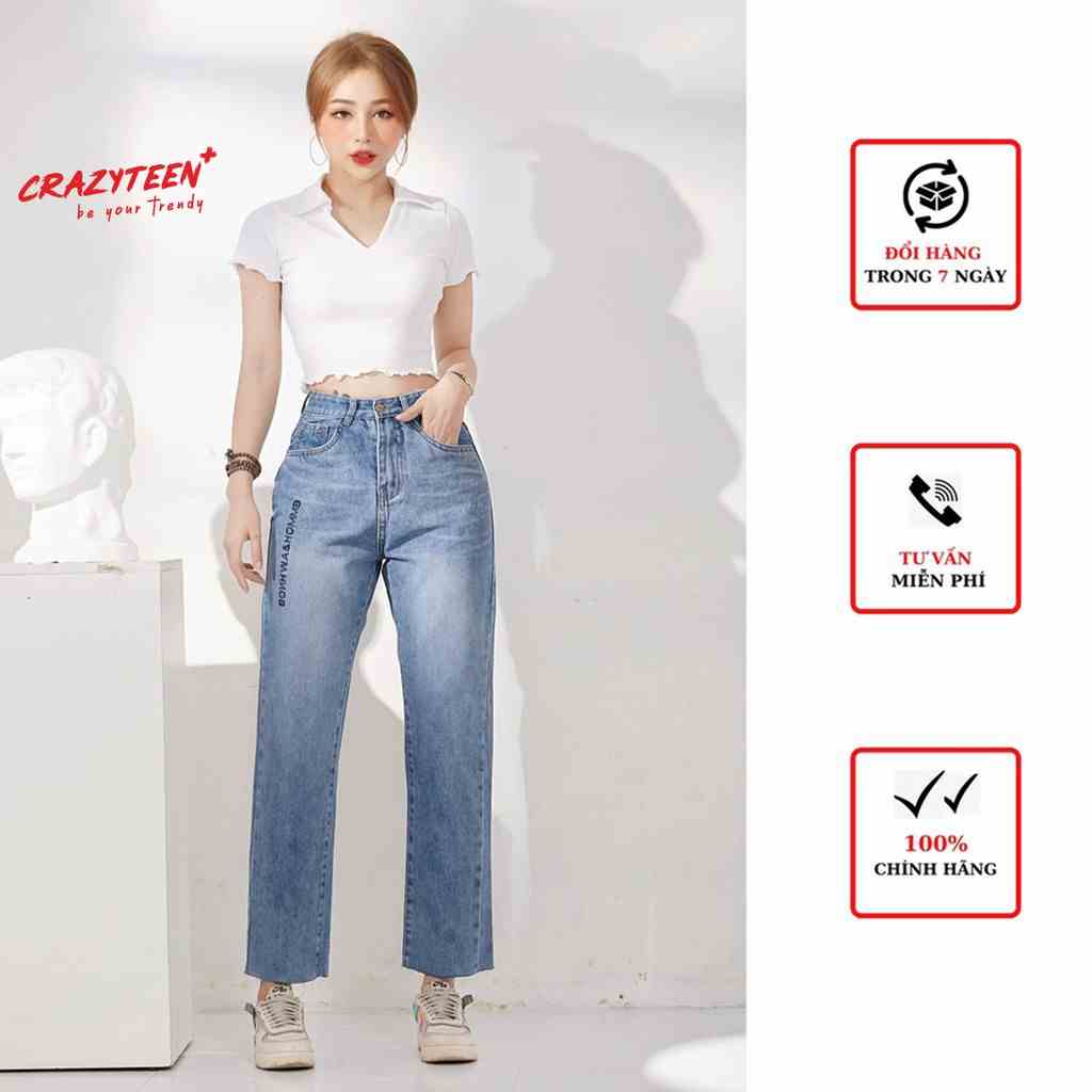 Quần jeans nữ CRAZYTEEN dáng baggy thêu chữ cá tính K0123