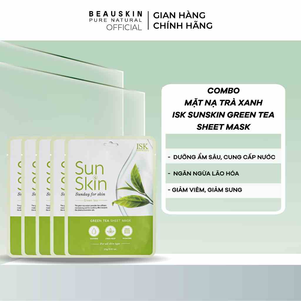 Combo 10 Mặt Nạ Trà Xanh ISK SunSkin Green Tea Sheet Mask Giảm Mụn, Sáng Da, Sạch Bã Nhờn