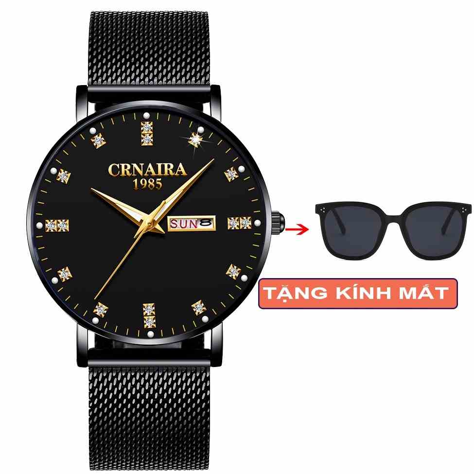 Đồng Hồ Nam Crnaira CR028 Chạy 2 Lịch số đính đá kim dạ quang Dây Thép mành