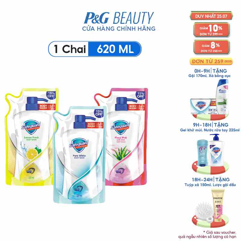 Sữa Tắm SAFEGUARD Sạch 99.9% Vi Khuẩn & Dịu Nhẹ Cho Da Túi 620ml Trắng Tinh Khiết/Hoa Hồng Lô Hội/Chanh Tươi Mát