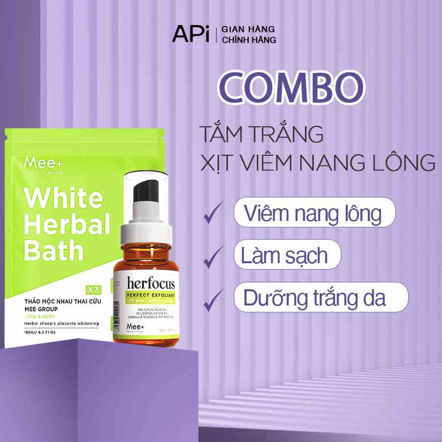 Combo viêm nang lông, dưỡng trắng da body MEE NATURAL - 1 Tắm trắng 180g + 1 Xịt viêm nang lông HERFOCUS 100ml