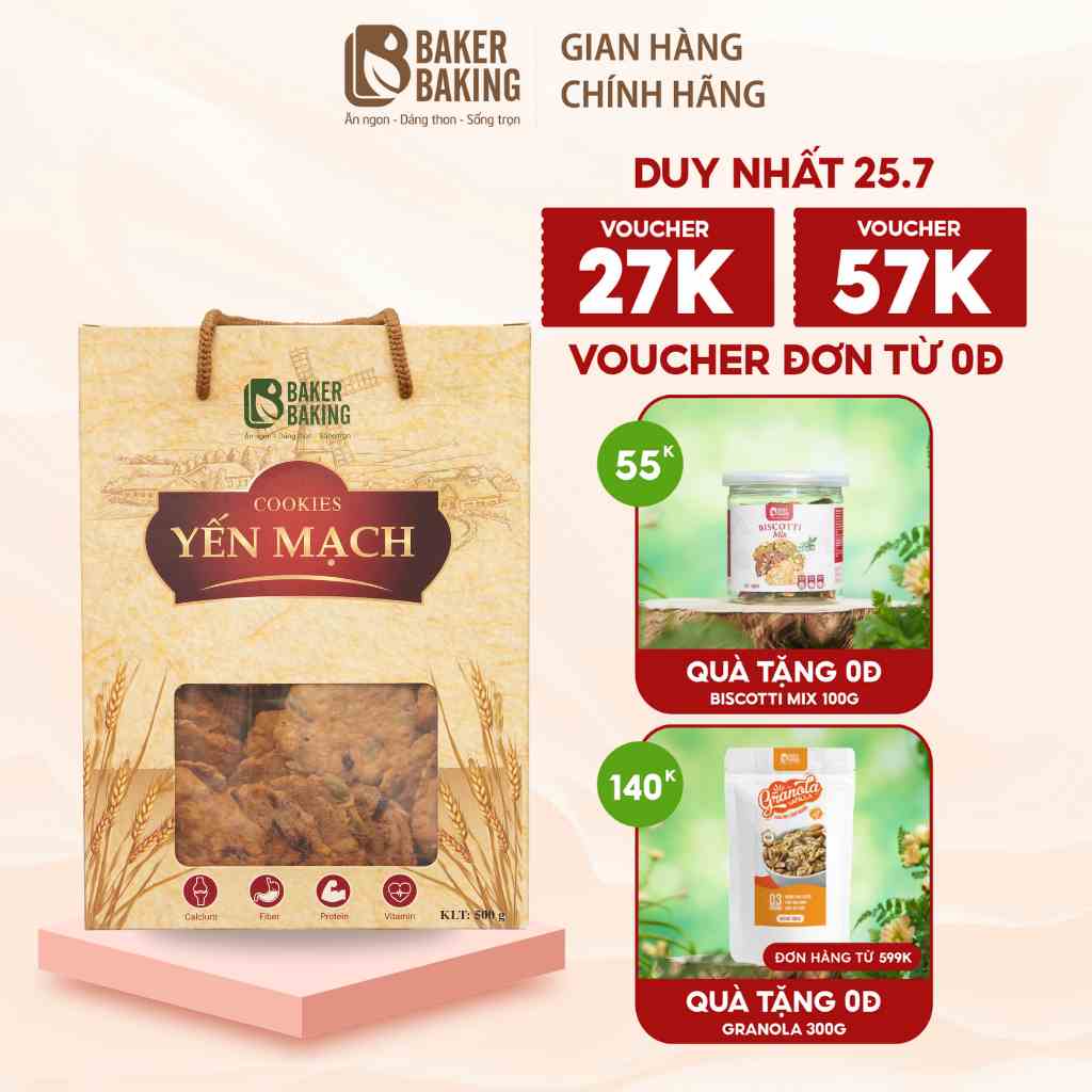 [Mã BMLT35 giảm đến 35K đơn 99K] Bánh ăn kiêng Baker Baking cookies yến mạch dành cho người tiểu đường ăn kiêng 100-500g