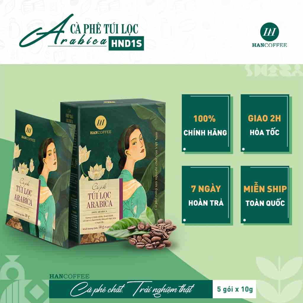 Cà phê phin giấy HANCOFFEE Arabica túi lọc tiện lợi, vị đắng êm, ngọt dịu hộp 5 gói - HND1S