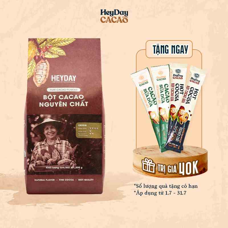 Túi 500g Bột cacao nguyên chất 100% không đường Heyday - Dòng Origin thượng hạng - Chuẩn UTZ Quốc Tế