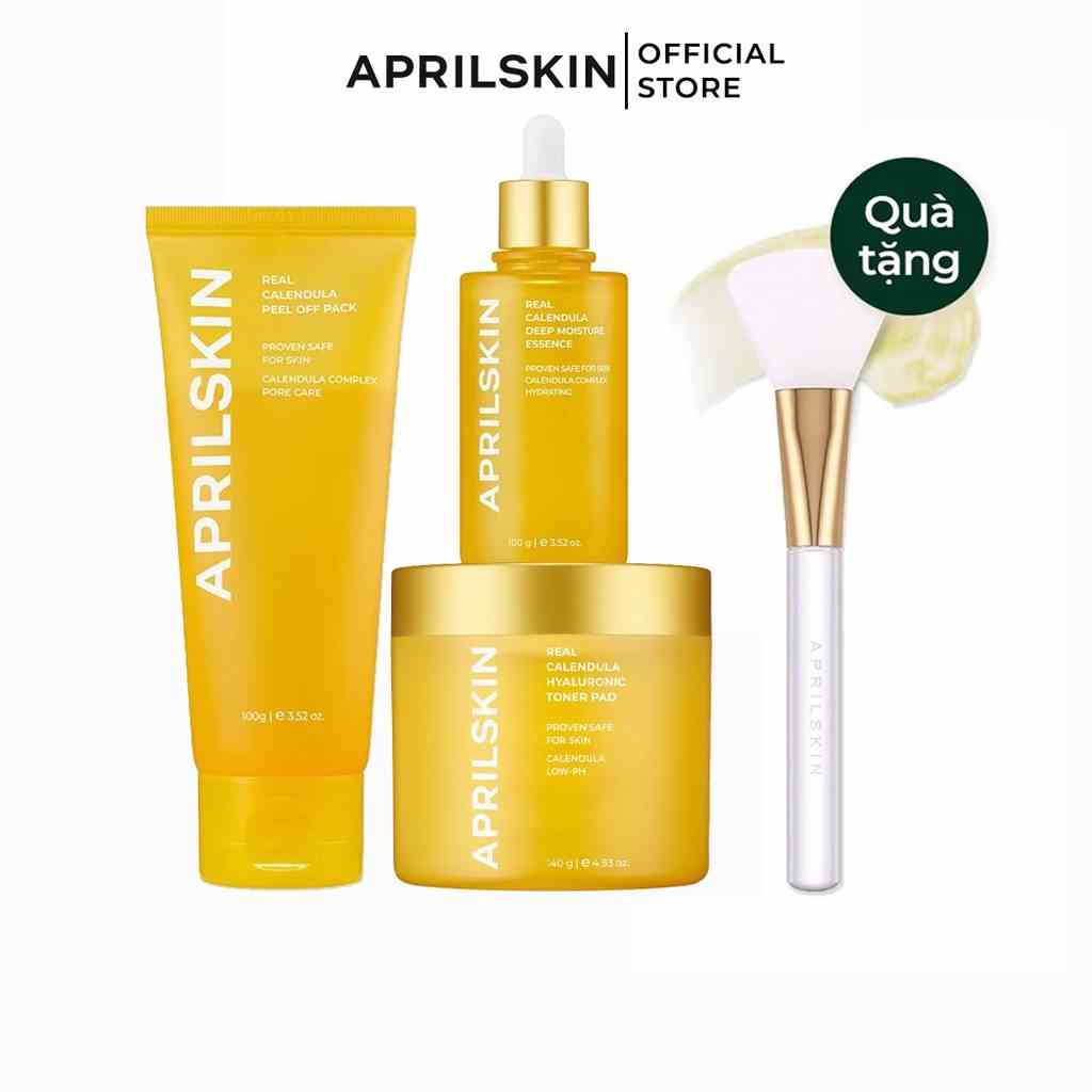 Aprilskin Set mặt nạ lột Real Calendula Peel Off Pack & Peeling Pad & tinh chất Moisture Essence + cọ Jelly