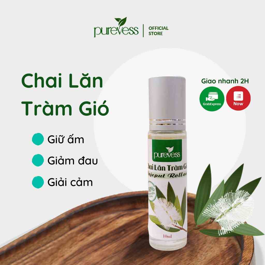 Tinh dầu Tràm Purevess, với thiết kế đầu lăn tiện lợi giúp giảm đau đầu và đuổi muỗi. 10ml