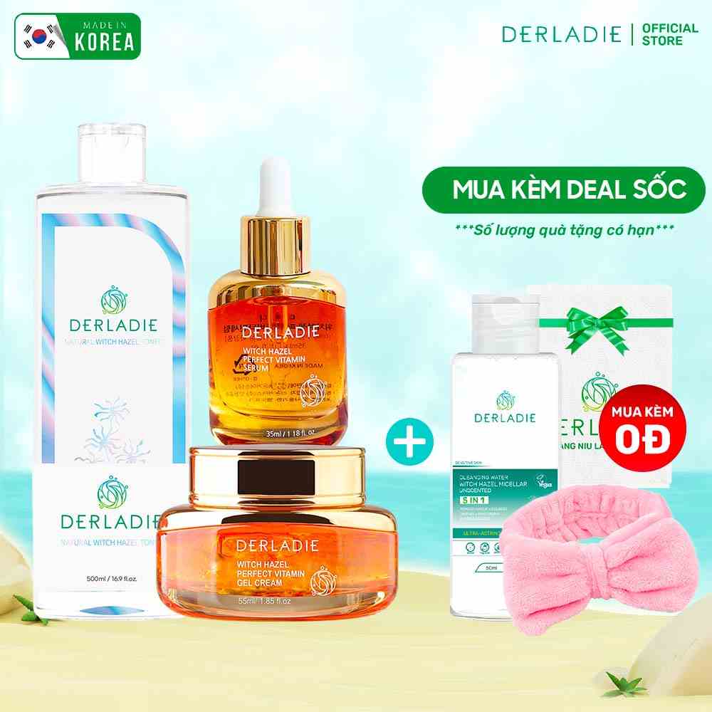 Bộ sản phẩm Toner, Serum, Kem dưỡng Derladie Witch Hazel làm sạch sâu, ngừa mụn, làm đầy sẹo rỗ 3 items