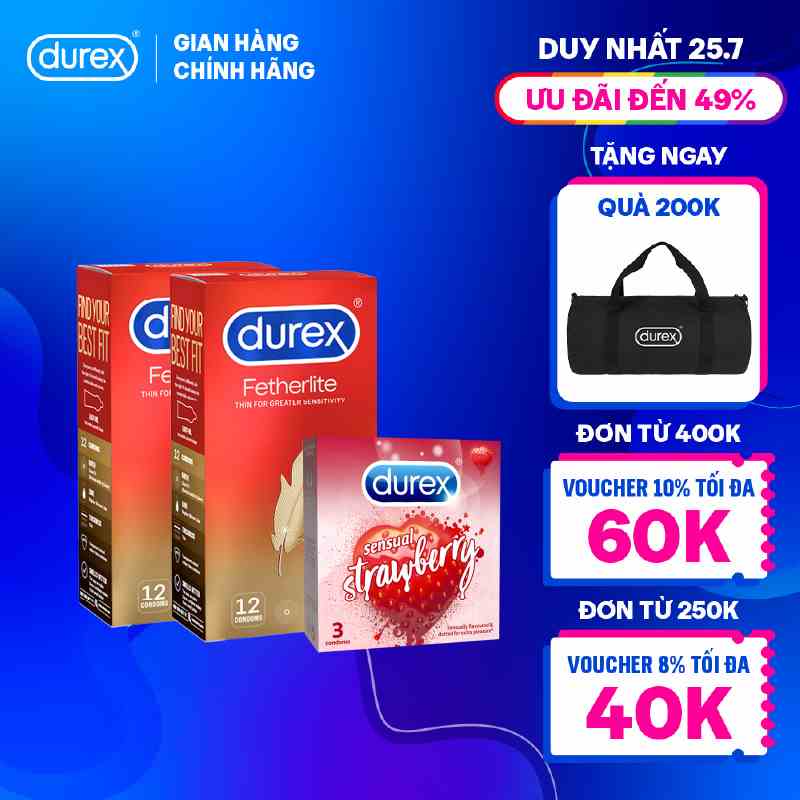 Bộ 2 bao cao su Durex Fetherlite siêu mỏng (52.5 mm, 12 bao/hộp)+ 1 Durex Sensual Strawberry hương dâu (52mm, 3 bao/hộp)