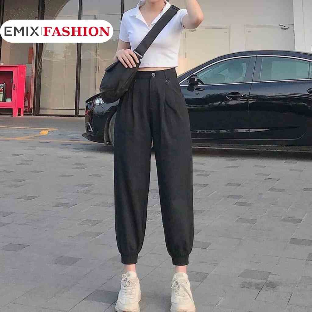 Quần jogger nữ bo gấu EMIX (màu đen), thể thao, dáng dài 90cm, chất đũi mềm mát, ít nhăn, không bai màu 911