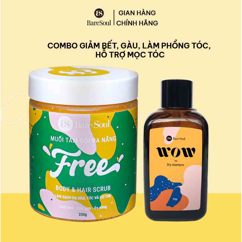 Combo giảm bết, gàu, làm phồng tóc, hỗ trợ mọc tóc BareSoul FREE Body & Hair Scrub 330g + WOW dry shampoo 50g