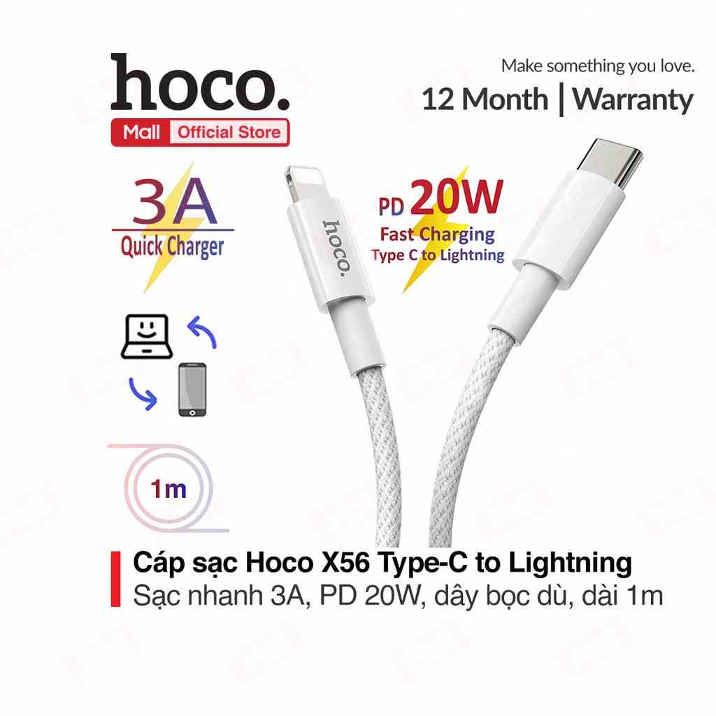 Cáp sạc Nhanh dành cho  iPhone 12,13,14 Pro max, PD 20W HOCO X56 Type-C to Lightning, truyền dữ liệu và sạc nhanh 3A