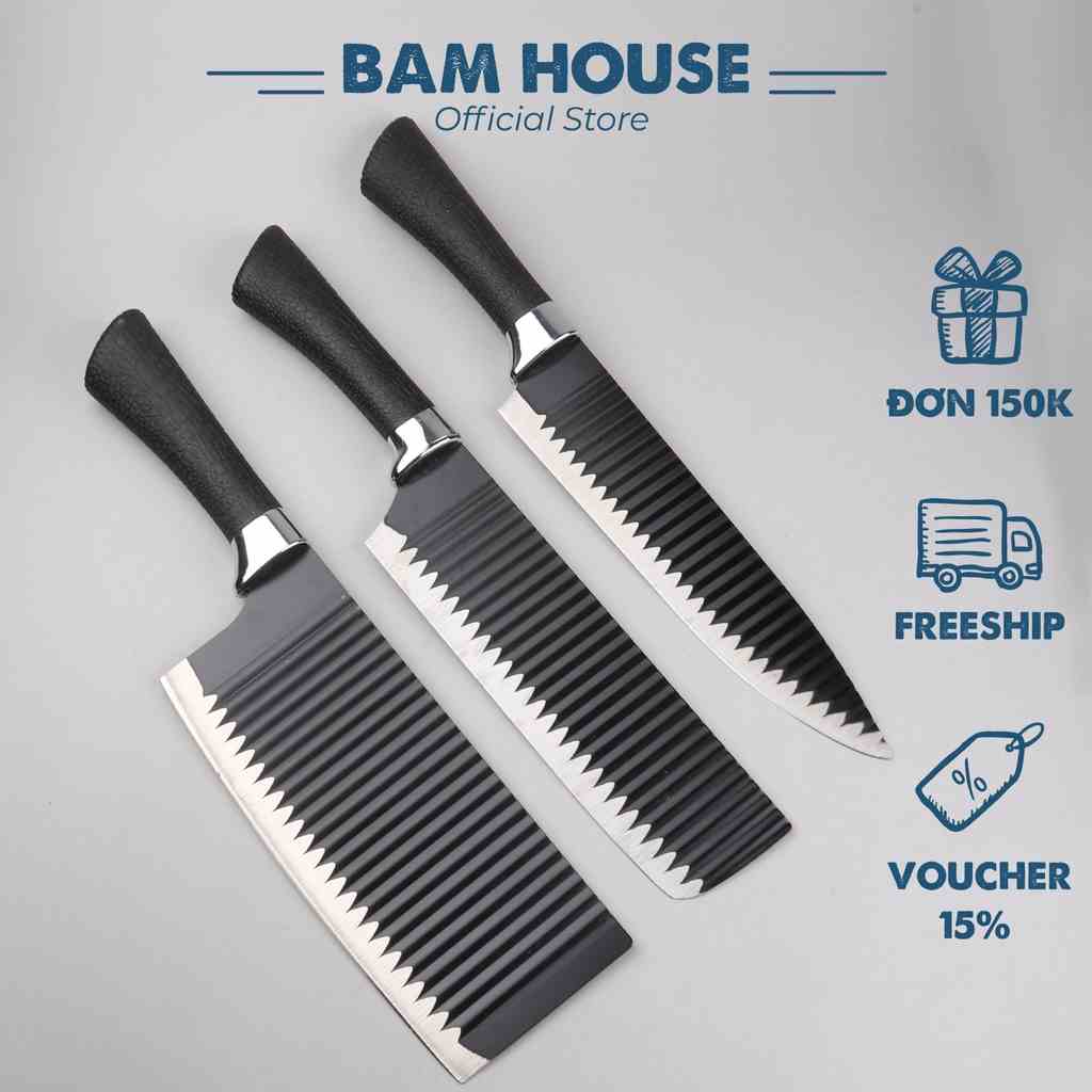 Dao bếp đa năng inox Bam House lưỡi gợn sóng siêu bén cán cao su cao cấp DGS01 - Gia dụng bếp