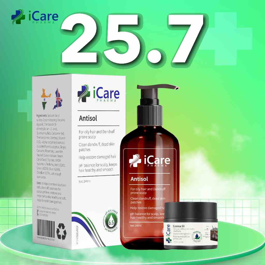 Combo Sản Phẩm Ezema 50 & Dầu Gội Sạch Gàu Antisol | Thương Hiệu iCare Pharma | Hỗ Trợ Trị Gàu Ngứa, Nấm Da Đầu Lâu Năm