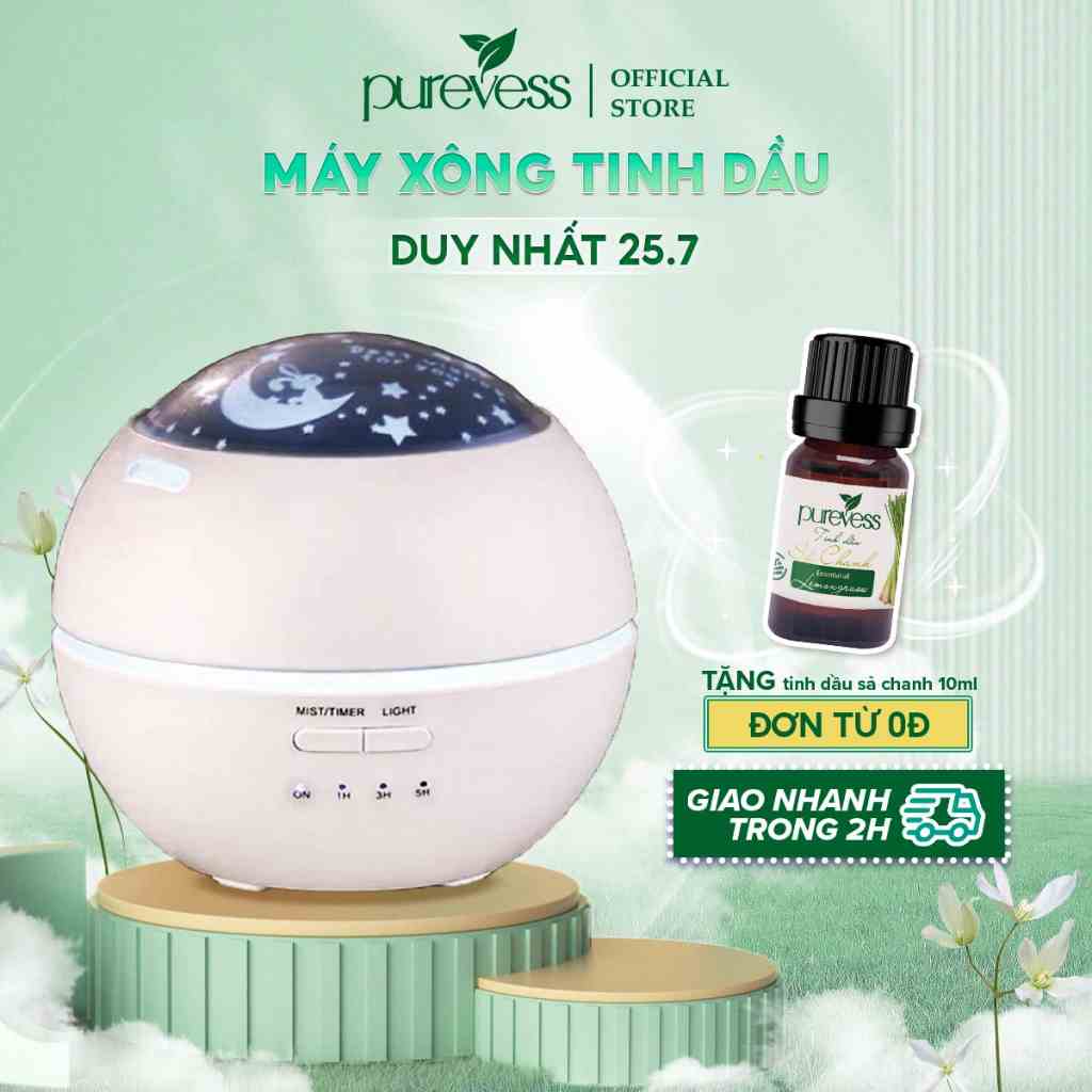 Máy xông tinh dầu phòng ngủ Purevess chính hãng, máy phun sương tạo ẩm, khuếch tán tinh dầu hiệu quả bảo hành 6 tháng