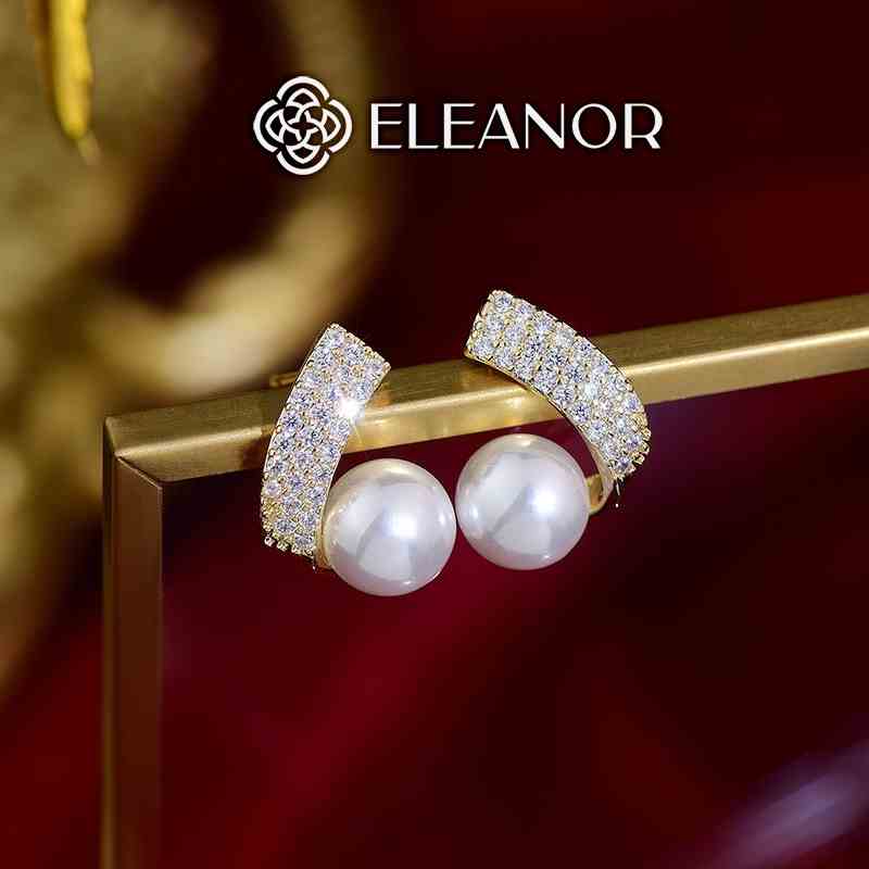 Bông tai nữ chuôi bạc 925 Eleanor Accessories ngọc trai nhân tạo viền cung đính đá phụ kiện trang sức 4730