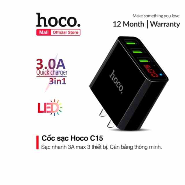 Cốc sạc Hoco C15 3 cổng sạc nhanh 3.0A có đèn Led báo sạc thông minh (Sản phẩm có 2 màu)