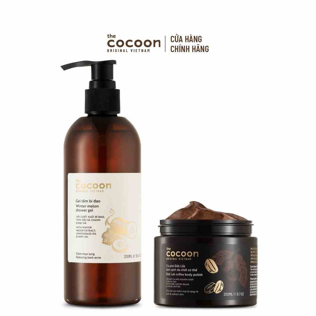 Combo Sáng Mịn Sạch Mụn: 1 Gel tắm bí đao Cocoon 310ml + 1 Cà phê Đắk Lắk làm sạch da chết cơ thể Cocoon 200ml