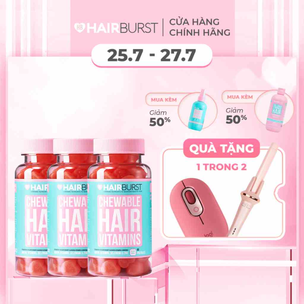 Combo 3 lọ kẹo dẻo vitamin chăm sóc, kích thích mọc tóc HAIRBURST chewable hair vitamins