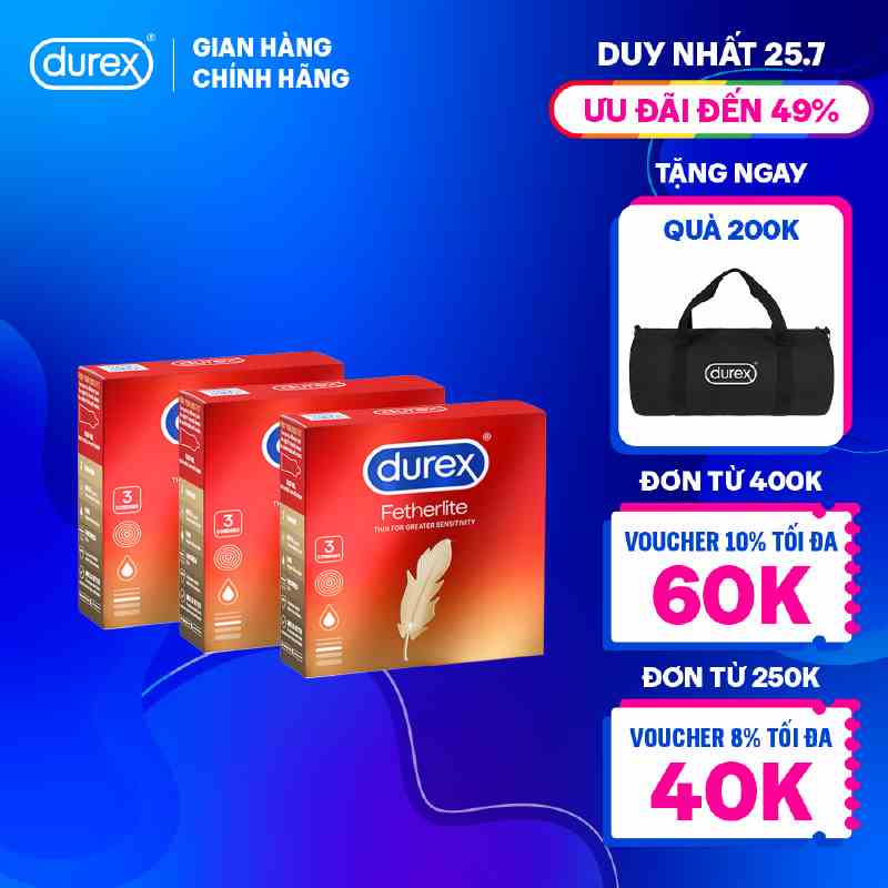 Bộ 3 hộp bao cao su Durex Fetherlite siêu mỏng, size 52.5mm, 3 bao/hộp