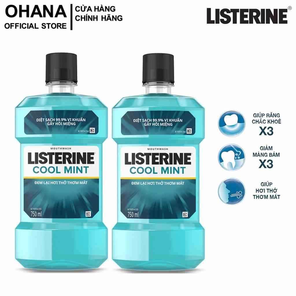 Bộ 2 Chai Nước Súc Miệng Listerine Diệt Khuẩn, Giữ Hơi Thở Thơm Mát Listerine Coolmint Mouthwash 750ml/Chai