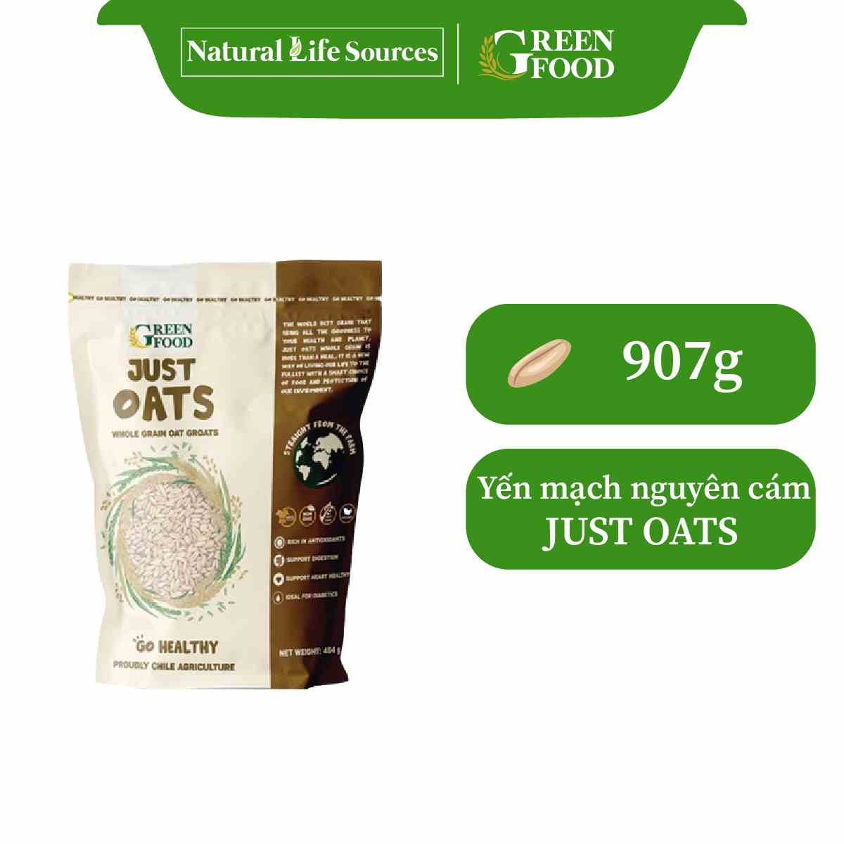 Yến mạch Chile Just Oats nguyên cám nguyên hạt | Túi 907g (Date 2.2024)