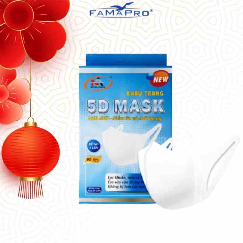 [HỘP10 CÁIMÀU TRẮNG] Khẩu trang y tế kháng khuẩn 3 lớp Famapro 5D Mask dây vải