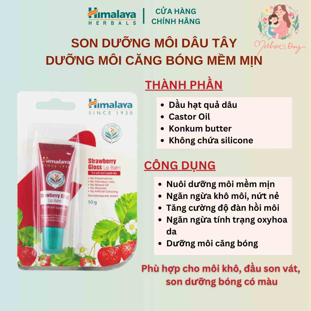 Son dưỡng môi căng bóng vị dâu tây Himalaya Strawberry Gloss Lip Balm 10g