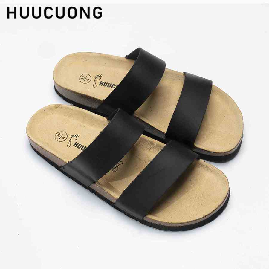 Dép unisex HuuCuong 2 quai da bò đen đế trấu handmade