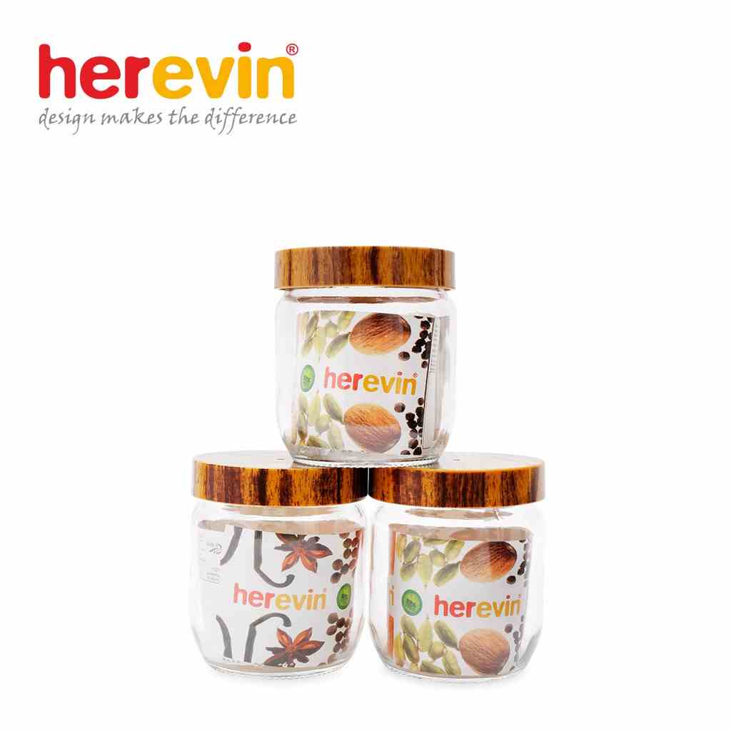 [Mã BMLTA35 giảm đến 35K đơn 99K] Bộ 3 Hũ Thủy Tinh Tròn Trơn Nắp Woody Herevin 425ml - HEHU231357-205