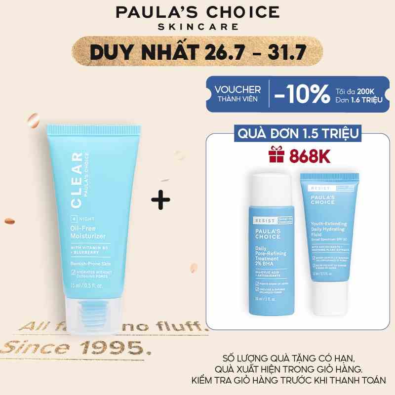 Kem Dưỡng ẩm dịu nhẹ không chứa dầu dành cho da mụn Paulas Choice Clear Oil -Free Moisturizer 15ml Mã: 3807