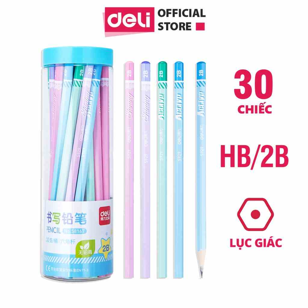 Bút chì lục giác Deli - 30 chiếc/hộp loại 2B/HB màu sắc pastel dễ thương, thân gỗ tự nhiên dễ gọt - Vẽ tranh, viết chữ