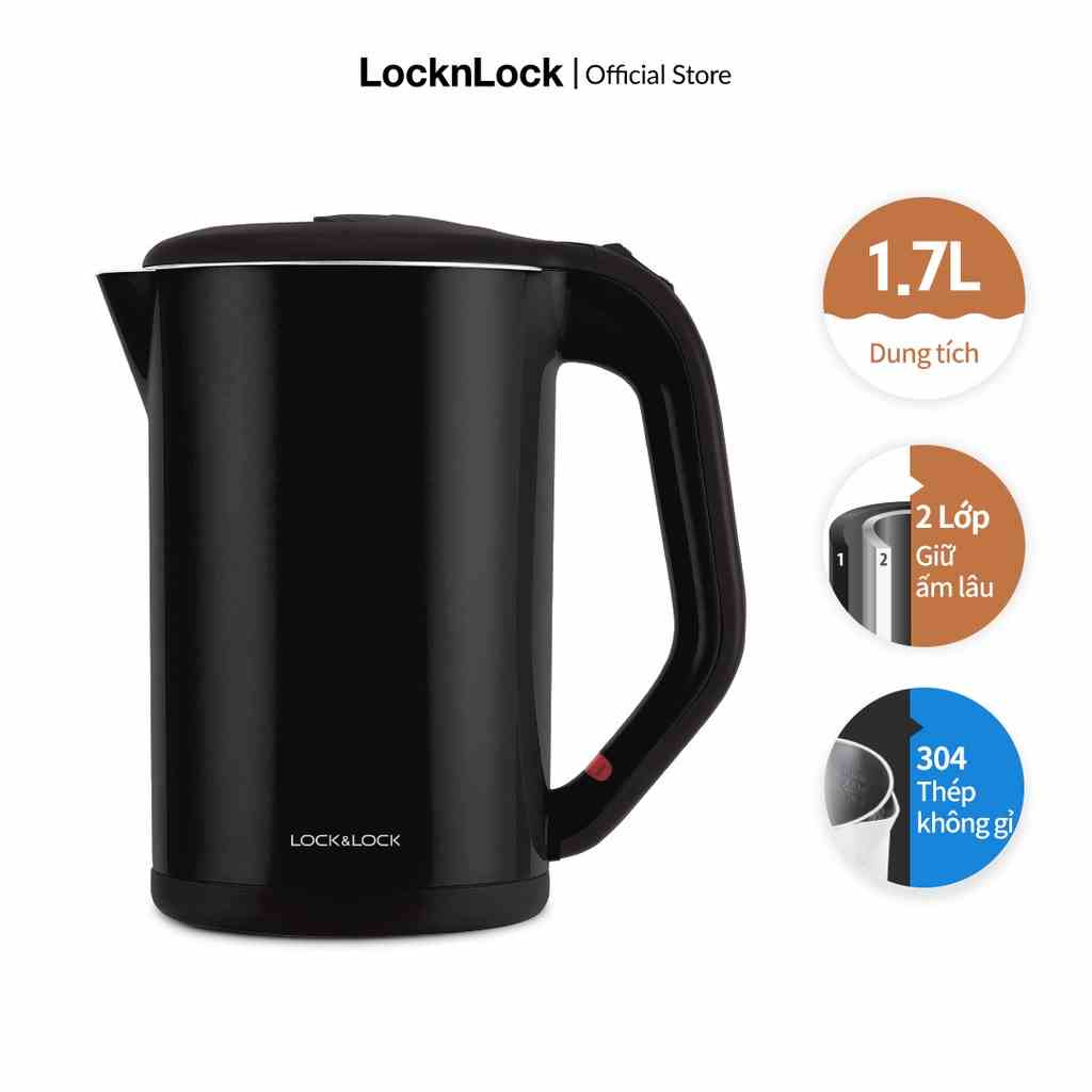 [Mã LIFEMC07CBAU giảm 50k đơn 350k] Ấm đun bằng thép không gỉ Lock&Lock, 1.7L màu đen EJK738BLK