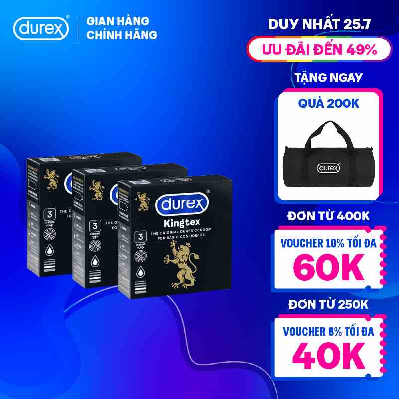 Bộ 3 bao cao su Durex Kingtex ôm sát, size 49mm 3 bao/hộp