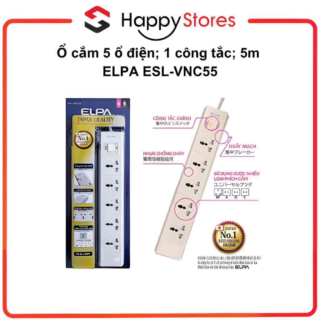 [Mã BMLTA35 giảm đến 35K đơn 99K] Ổ Cắm Điện Chống Cháy ELPA ESL-VNC55 Chuẩn Nhật Bảo Hành Chính Hãng