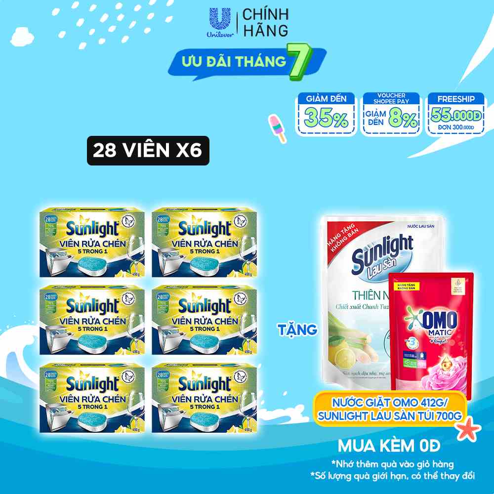 Combo 6 Hộp Viên Rửa Chén Bát Sunlight 5 in 1 Dành Cho Máy Rửa Chén (28 Viên/Hộp)