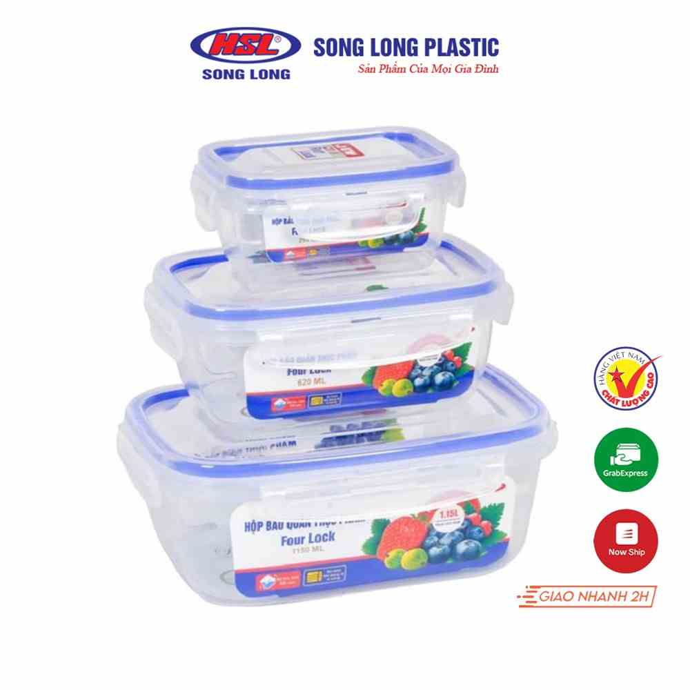 Bộ 3 hộp đựng bảo quản thực phẩm 1150 ml, 620 ml, 250 ml nhựa Song LongPlastic Four Lock cao cấp - 2508