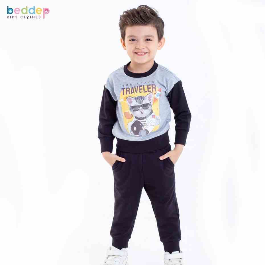 Đồ Bộ Dài Tay Chất Nỉ Dày Dặn In Hình Mèo Dành Cho Bé Trai Thiết Kế Cao Cấp Beddep Kids BB25