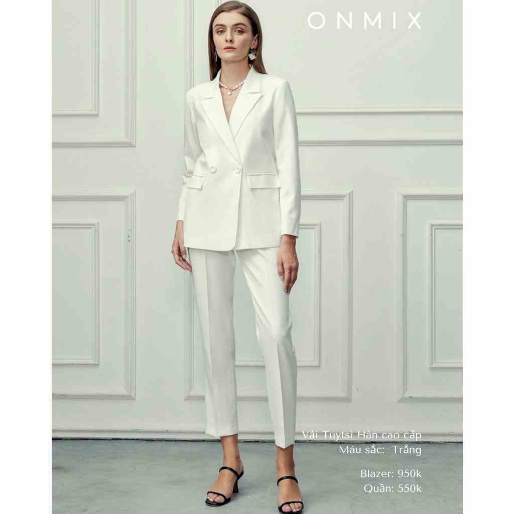 Set Suit Áo Blazer 2 Khuy Tay Dài Và Quần Tây Ống Đứng ONMIX, Trắng Trơn, Vải Tuytsi Nhập Cao Cấp