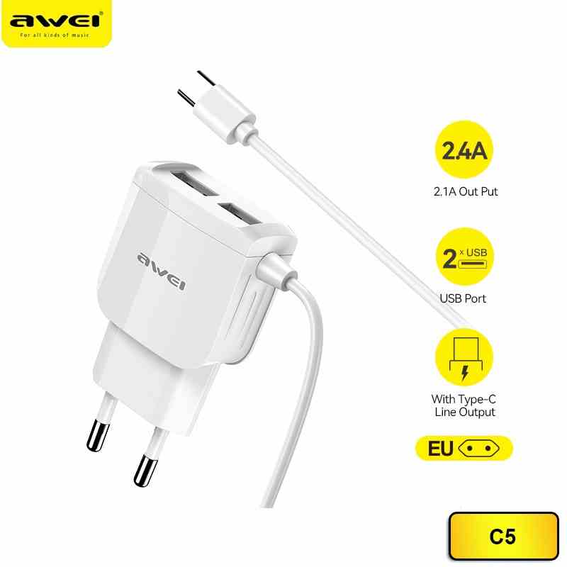 Củ sạc nhanh Awei C5 hai cổng USB 5V 2.4A chất lượng cao