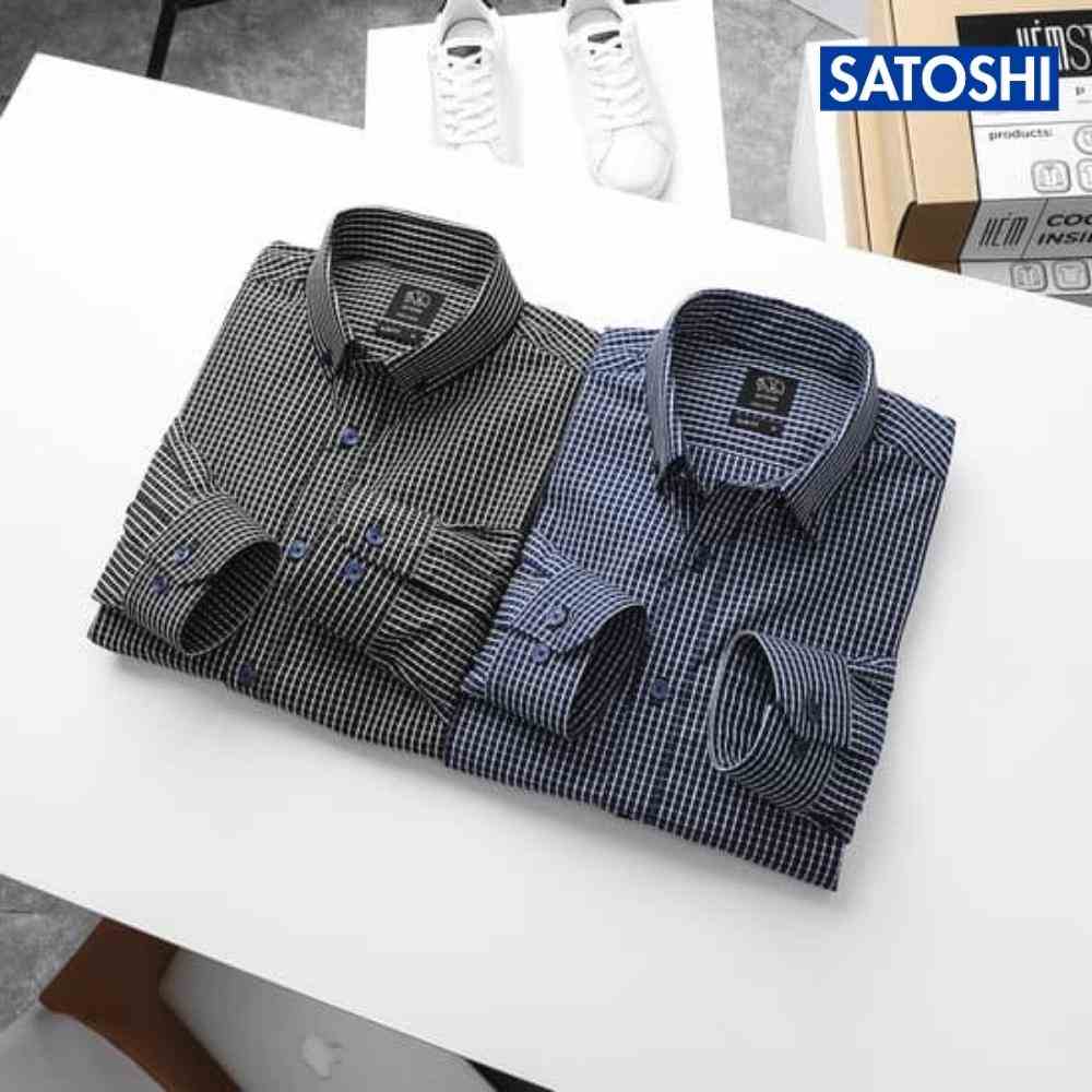 Áo sơ mi nam Satoshi SASM54 kiểu caro 2 màu đen/ xanh, chất cotton dày dặn, dáng slimfit, phong cách trẻ trung