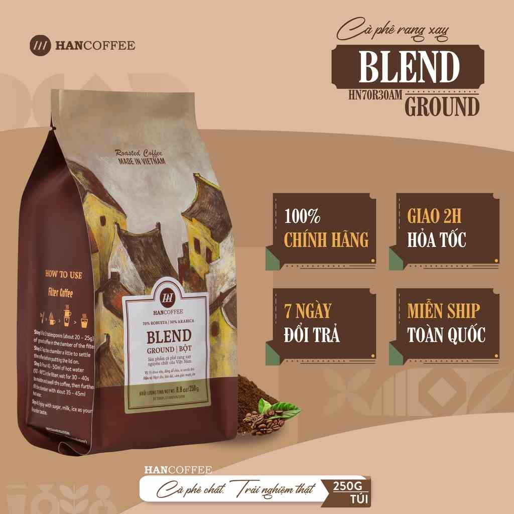 Cà phê pha phin HANCOFFEE Blend 70% Robusta 30% Arabica nguyên chất rang xay DẠNG BỘT vị đắng dễ chịu 250g - HN70R30AM