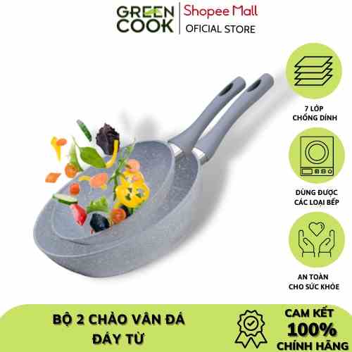 [Mã BMLTA35 giảm đến 35K đơn 99K] Bộ 2 chảo chống dính đáy từ vân đá đủ size Green Cook - Hàng chính hãng