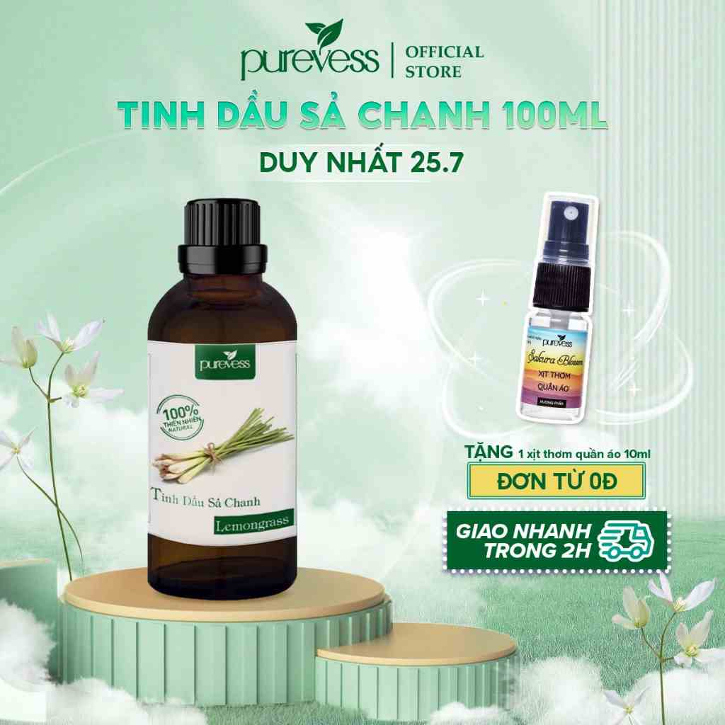 Tinh dầu sả chanh Purevess giúp thơm phòng, thư giãn và đuổi muỗi 100ml