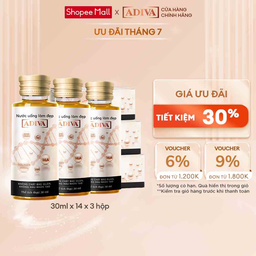 Combo 3 Hộp Nước Uống Làm Đẹp Collagen ADIVA (14 Chai/Hộp)