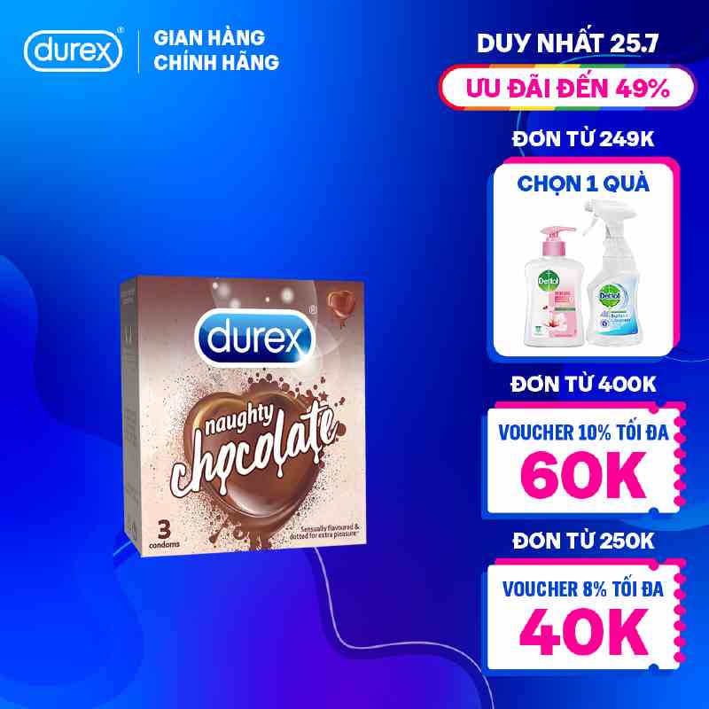 Bao cao su Durex Naughty Chocolate hương socola (size 53mm, hộp 3 bao)